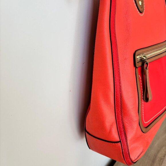 Coach 22430 Poppy Vermillion Shoulder Tote Bag Sun Orange Leather with Tan Trim - Picture 3 of 10